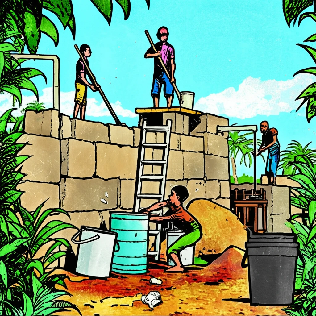 Community members collaborate on a sanitation project, symbolizing collective action and sustainable development.