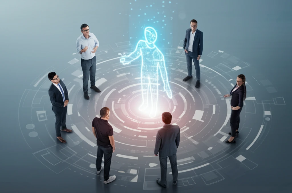 Patient empowerment concept illustration: diverse group supporting a glowing figure representing the patient.