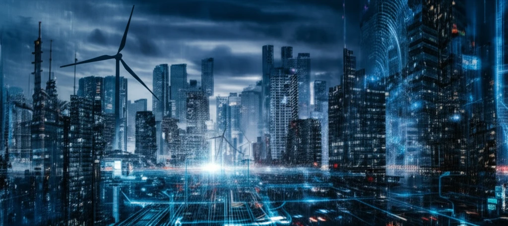 Futuristic cityscape symbolizing smart grid data interaction.