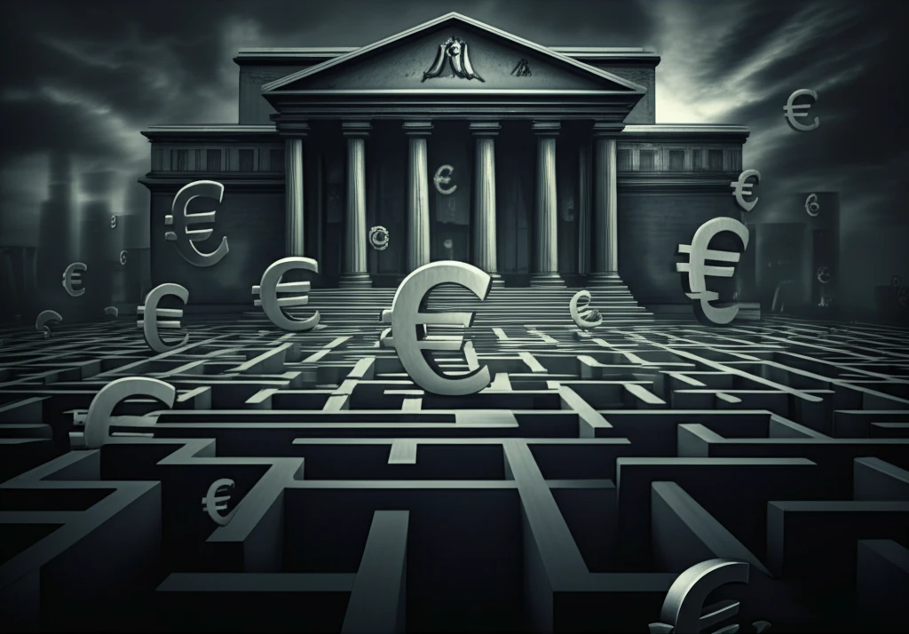 Surreal illustration of the Eurozone crisis, featuring a maze of euro symbols and a looming central bank.