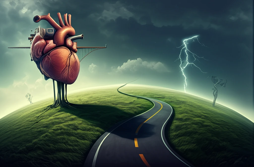Heart with a bridge and road symbolizing CABG and PCI treatments.