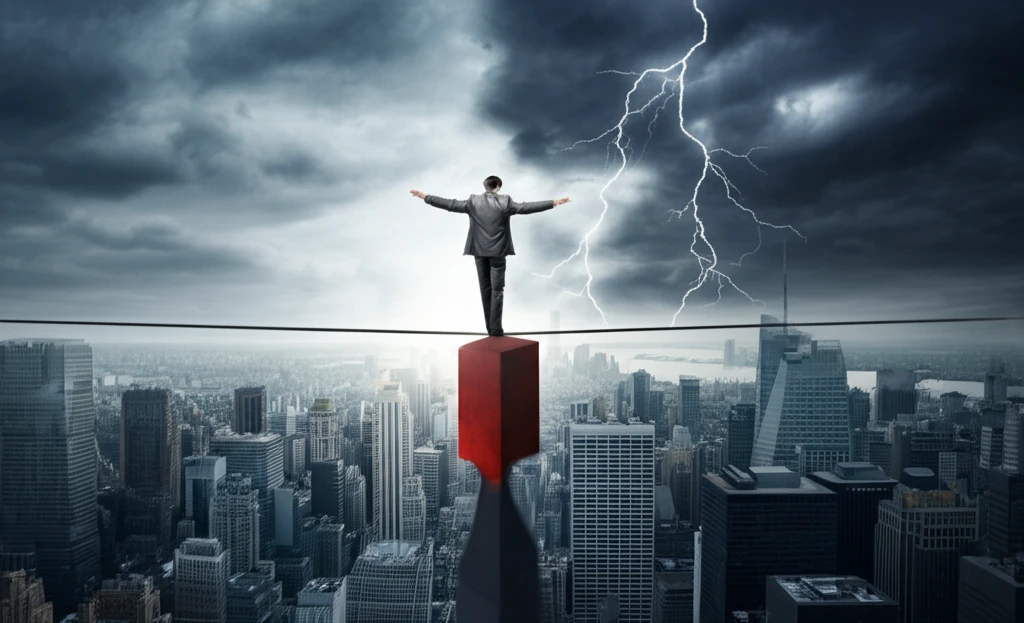 Tightrope walker balancing corporate responsibility, symbolising risk in business