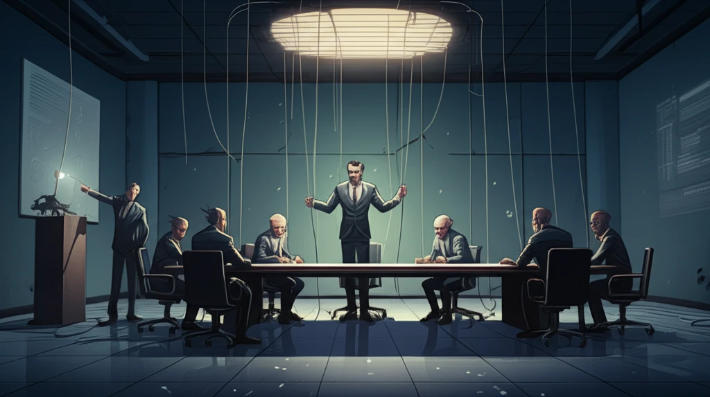 Tense boardroom meeting with symbolic puppet strings.