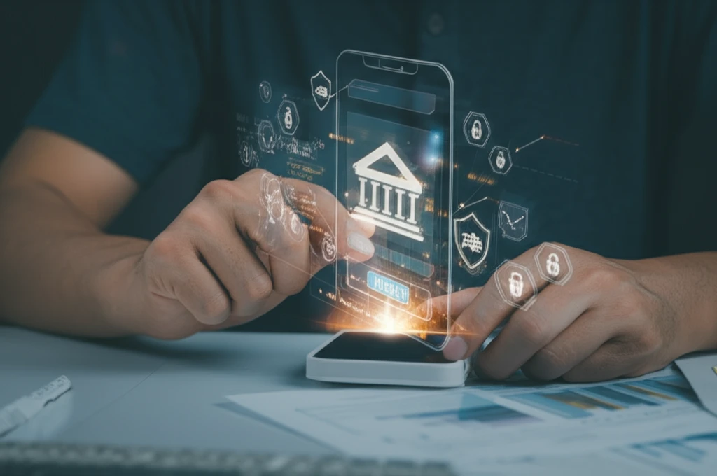 Digital illustration of a person interacting with a mobile banking app, symbolizing trust and financial growth.
