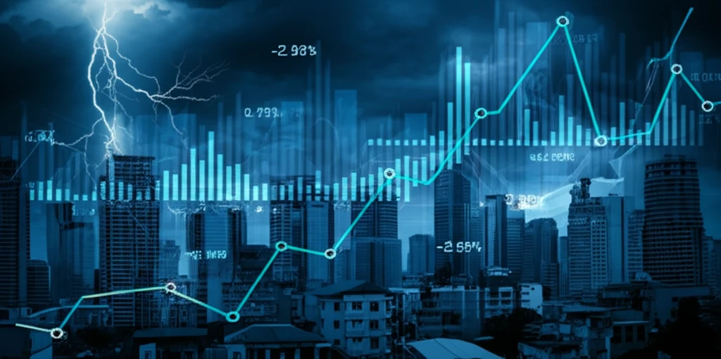 Surreal cityscape representing financial volatility in a developing country.