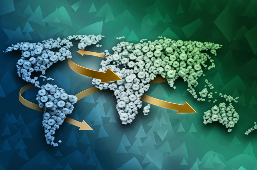 Global market share shifts depicted as pie charts on a world map.