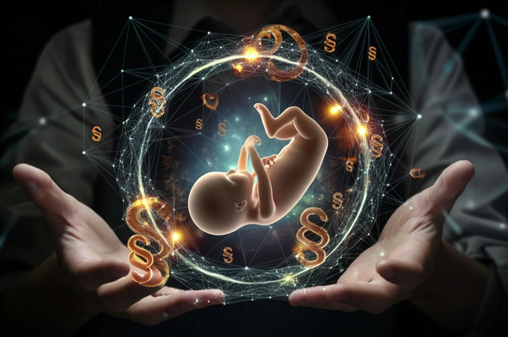 Glowing embryo within interconnected legal and religious symbols, emphasizing protection and balance.