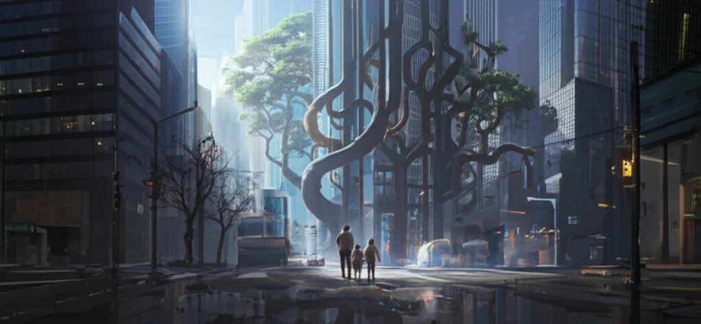 Family tree intertwined with a modern corporate skyscraper, symbolizing the blend of family and business.