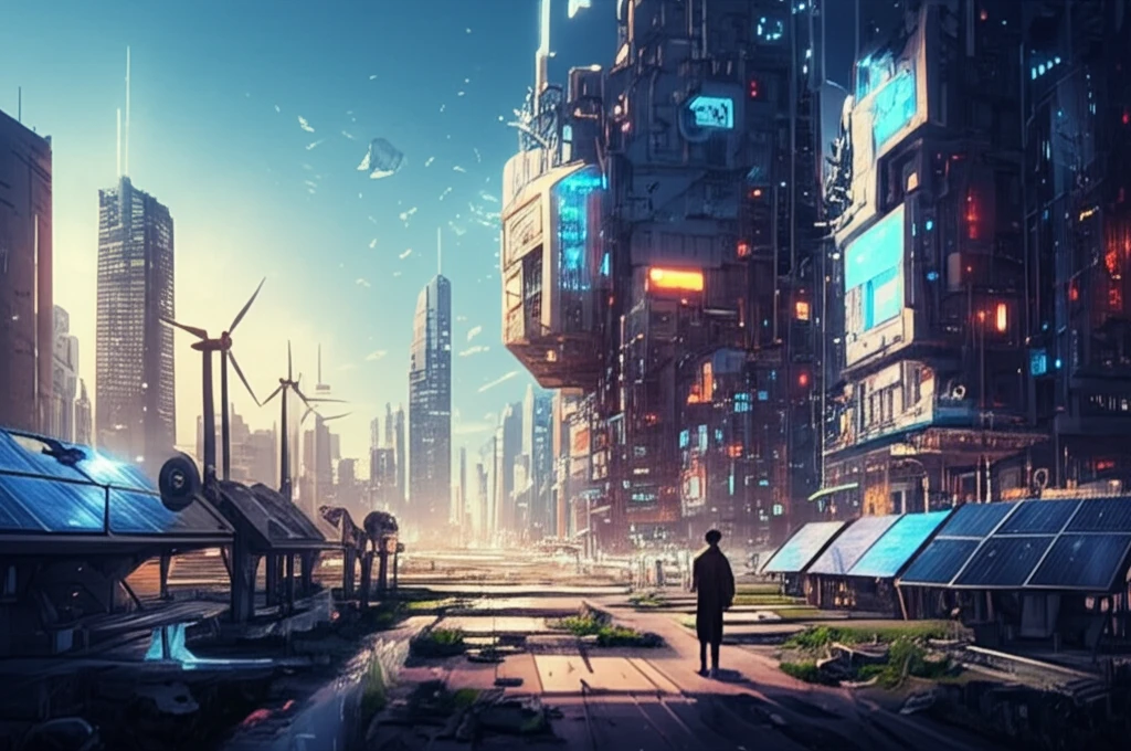 Futuristic city powered by sustainable energy sources