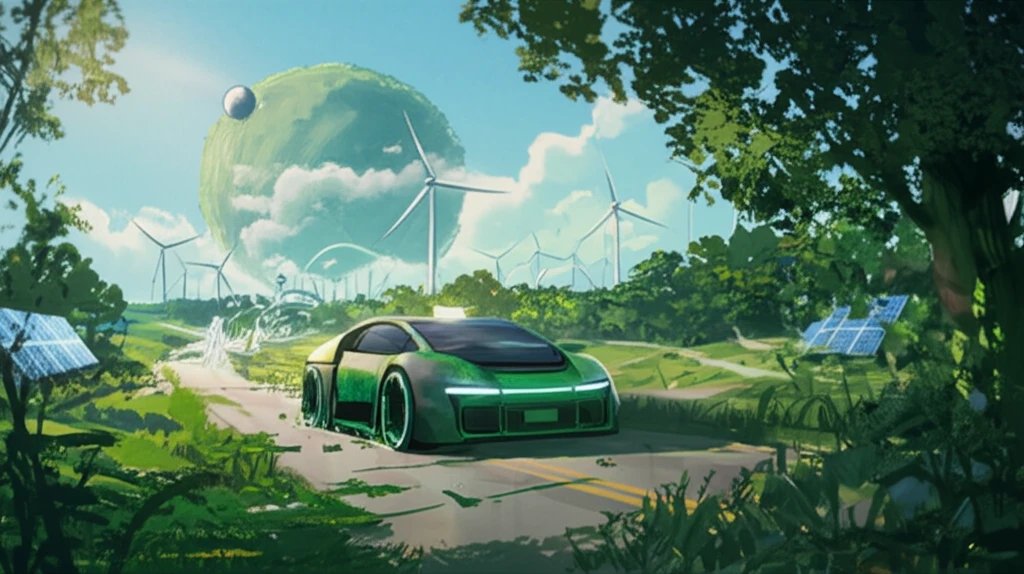 Eco-friendly car driving through a green landscape, symbolizing green marketing and sustainability.