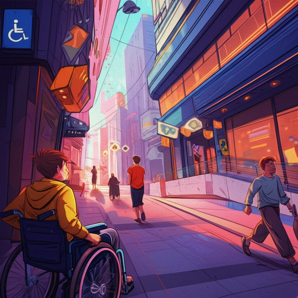 Diverse group of people enjoying an accessible cityscape.