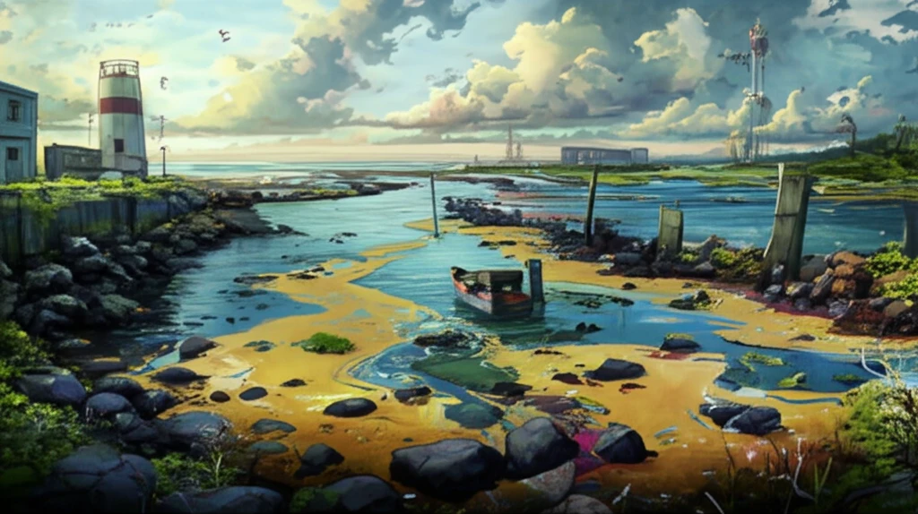 Surreal illustration of a polluted estuary meeting the ocean, symbolizing the impact of trace elements and heavy metals on coastal ecosystems.