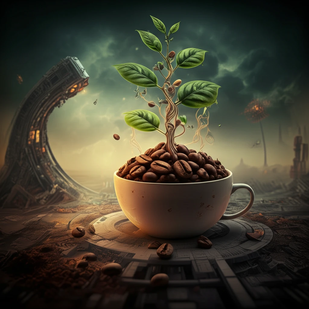 Coffee grounds transforming into a futuristic sustainable landscape.