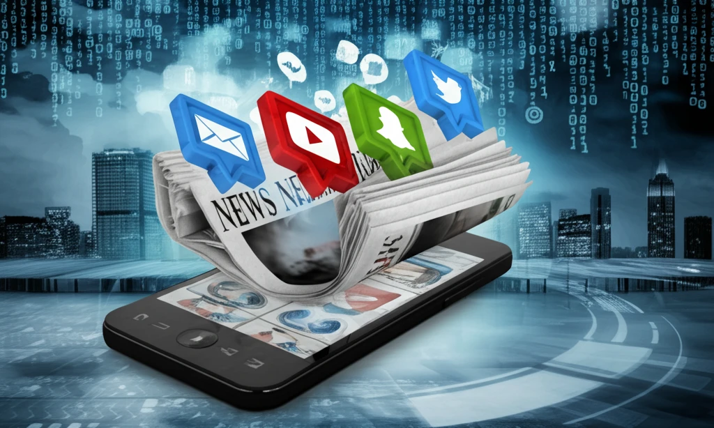 Digital news convergence: newspaper transforming into a smartphone.