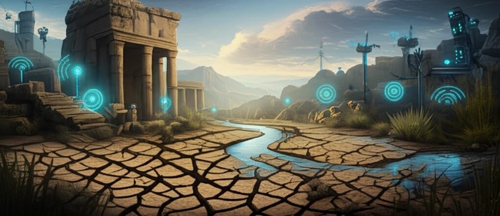 Surreal illustration of drought and water conservation in the Middle East.