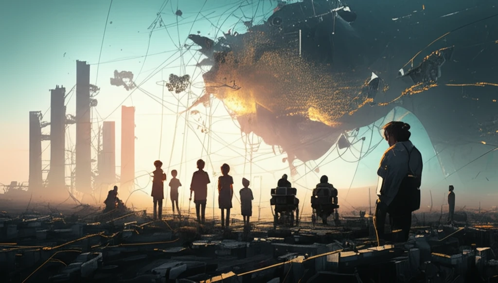 Diverse figures collaborate to untangle global challenges, symbolizing social progress.
