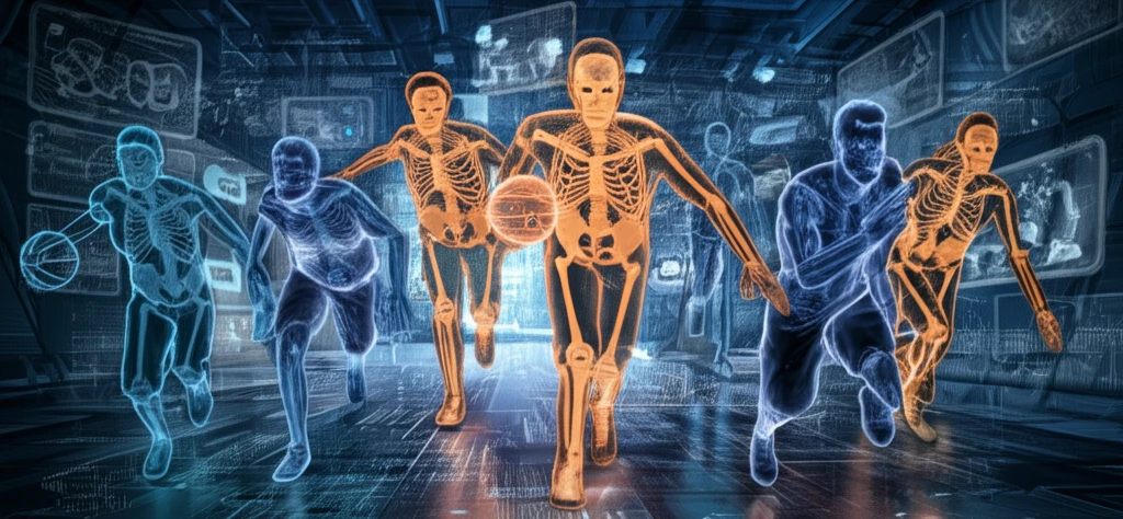 Markerless Motion Capture in Sports: Digital skeletons overlaid on athletes showcasing AI-powered movement analysis.