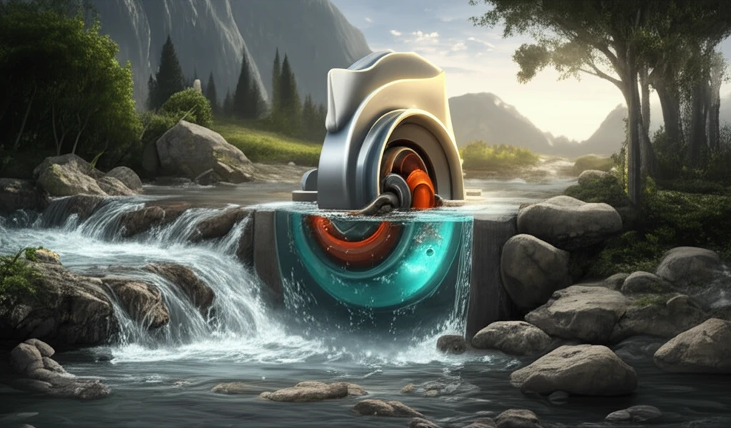 Centrifugal pump morphing into a turbine in a river landscape, symbolizing energy transformation.