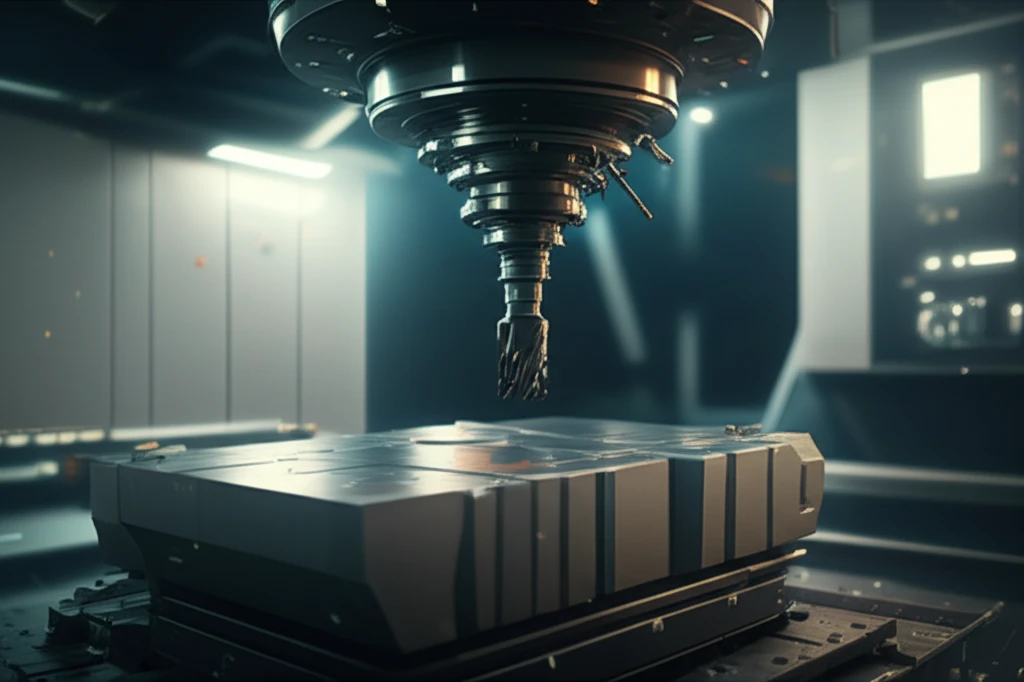 Futuristic milling machine with variable pitch tools cutting through metal with precision and stability.