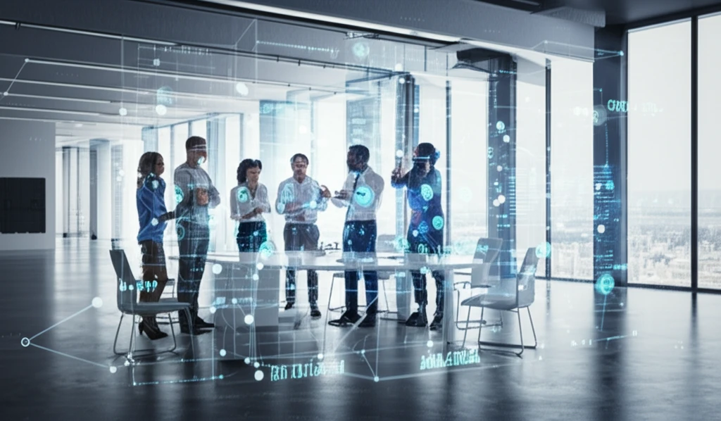 Diverse professionals collaborating around a holographic table, symbolizing knowledge sharing and teamwork.