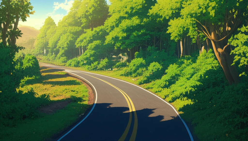 Sustainable road made of recycled asphalt blending with nature.