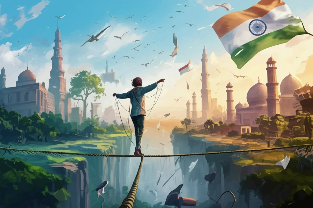 A surreal image representing a migrant worker balancing between two cultures.