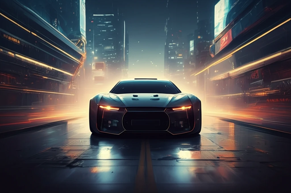 Futuristic car navigating complex road with AI data visualization