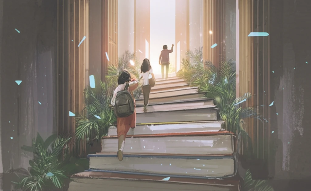 Students climbing a staircase of books towards a welcoming university building.