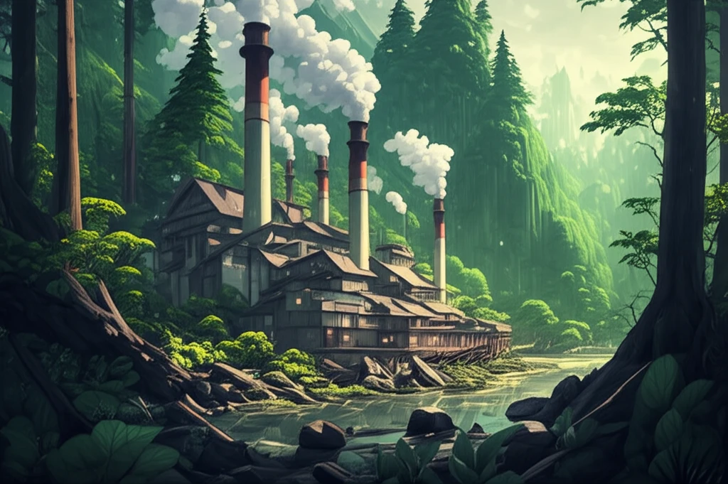 Paper mill emitting leaves, symbolizing green manufacturing