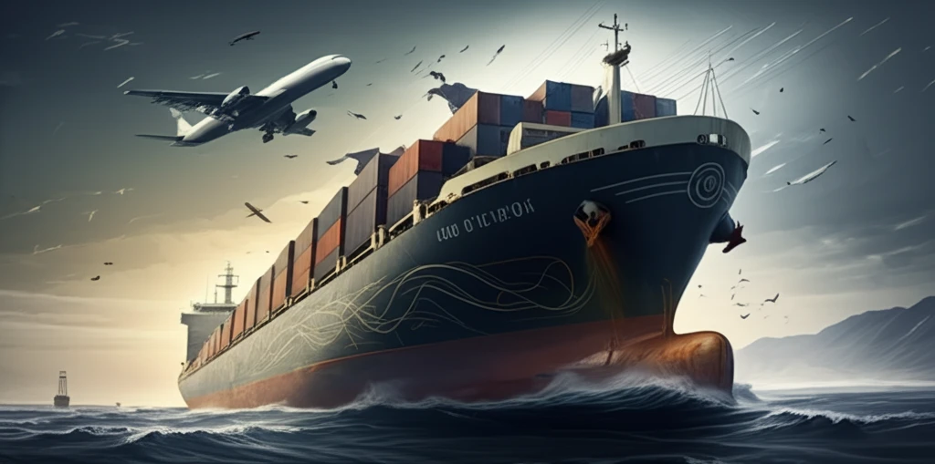 Cargo ship navigating through stormy seas, with translucent layers revealing forces.