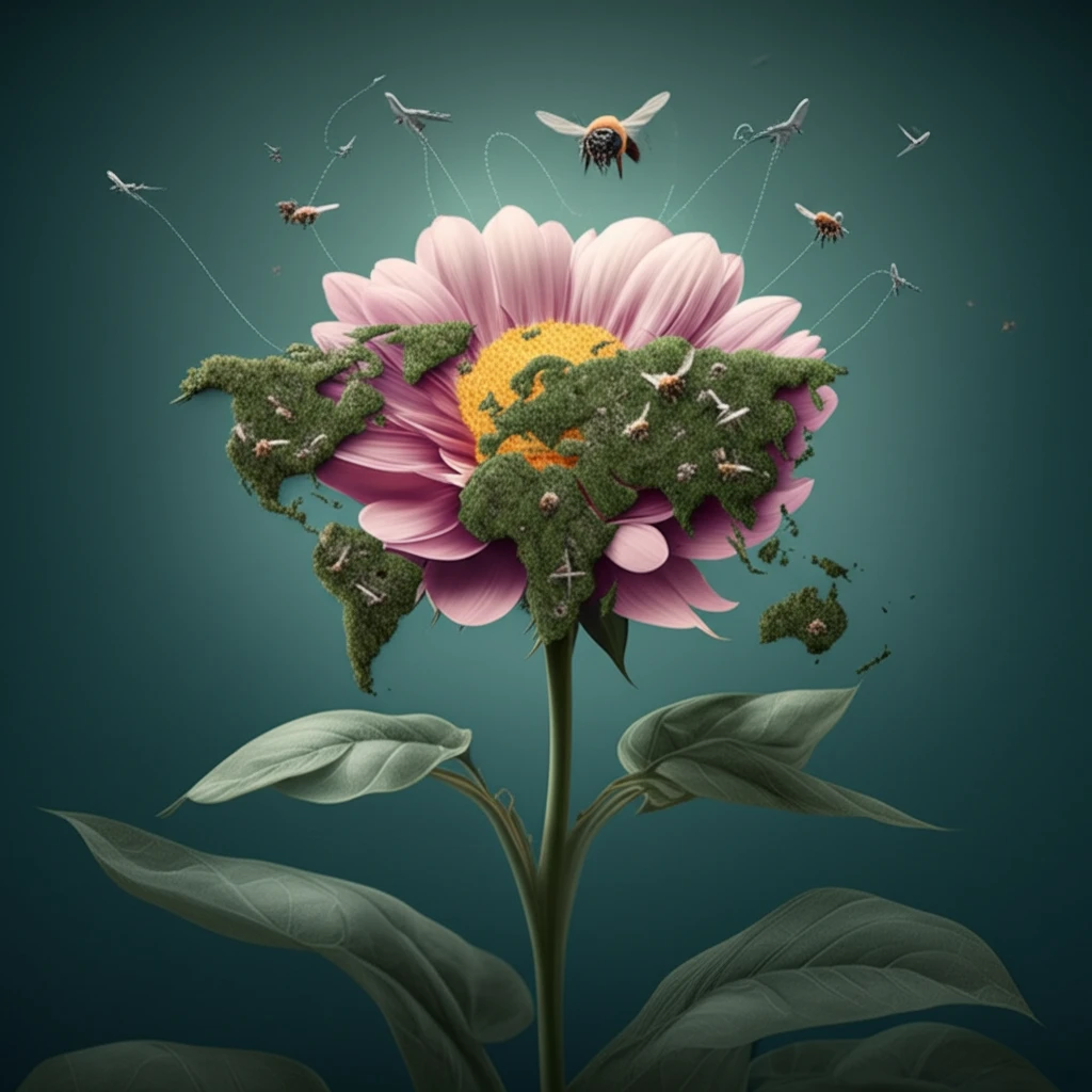 World map transforming into a blooming flower, with airplanes pollinating, symbolizing tourism's economic impact.