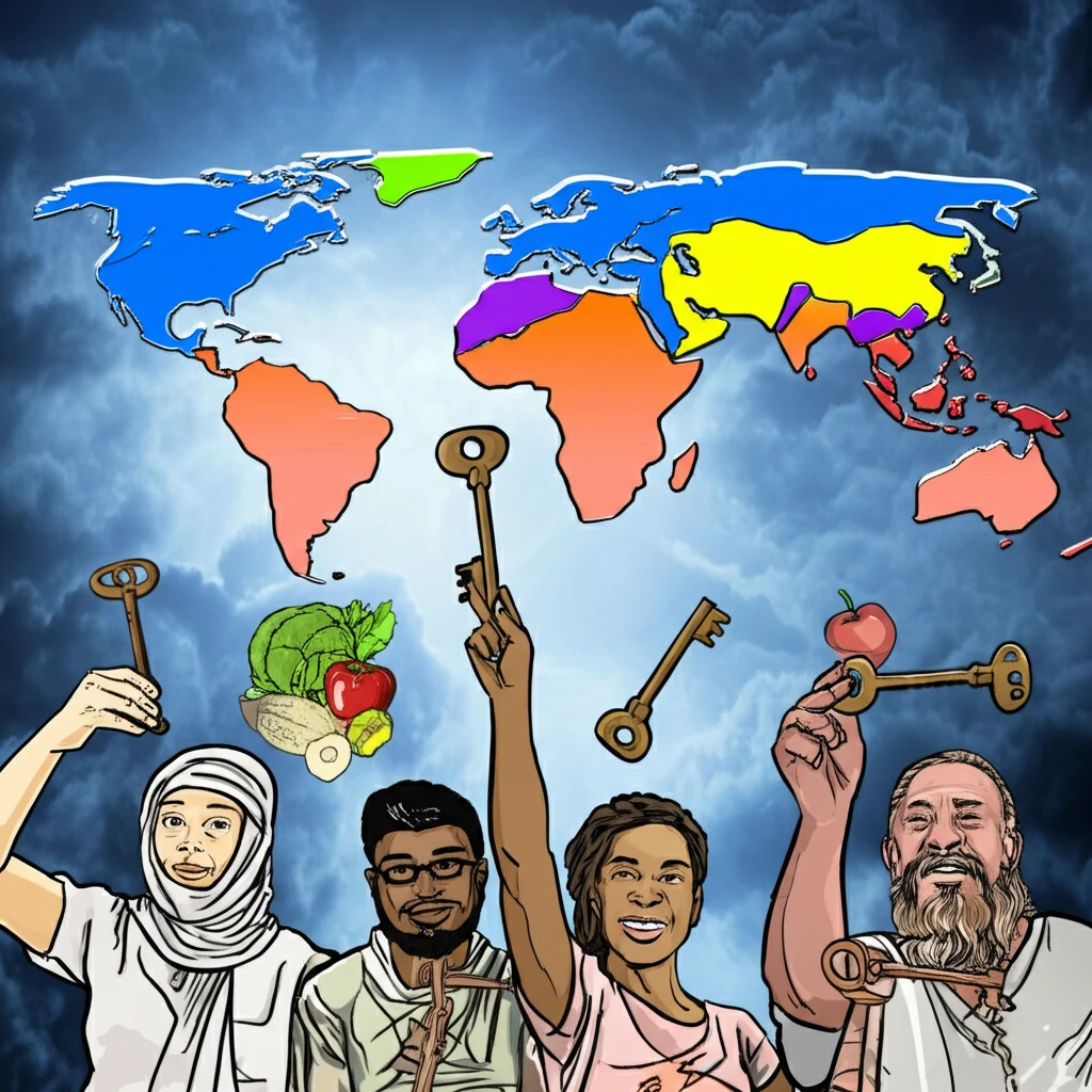 A diverse group of people from different regions of the world, each holding a symbol of a key food group (fruits, vegetables, legumes, etc.).