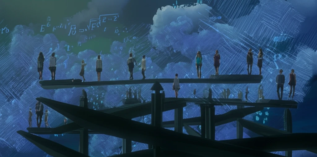 Balanced scale with diverse people and Heaviside functions in the background, symbolizing fairness in algorithms.