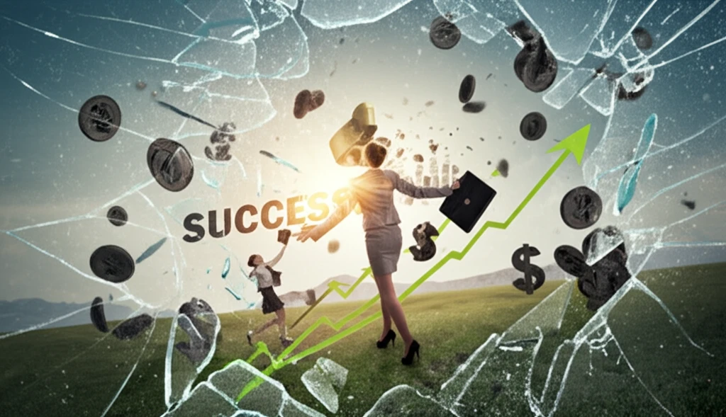 Woman shattering glass ceiling revealing financial growth landscape