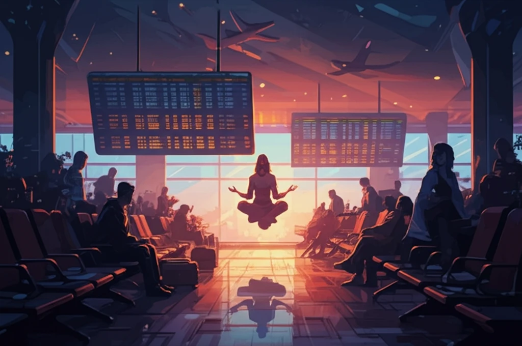 Meditating Passenger in Chaotic Airport