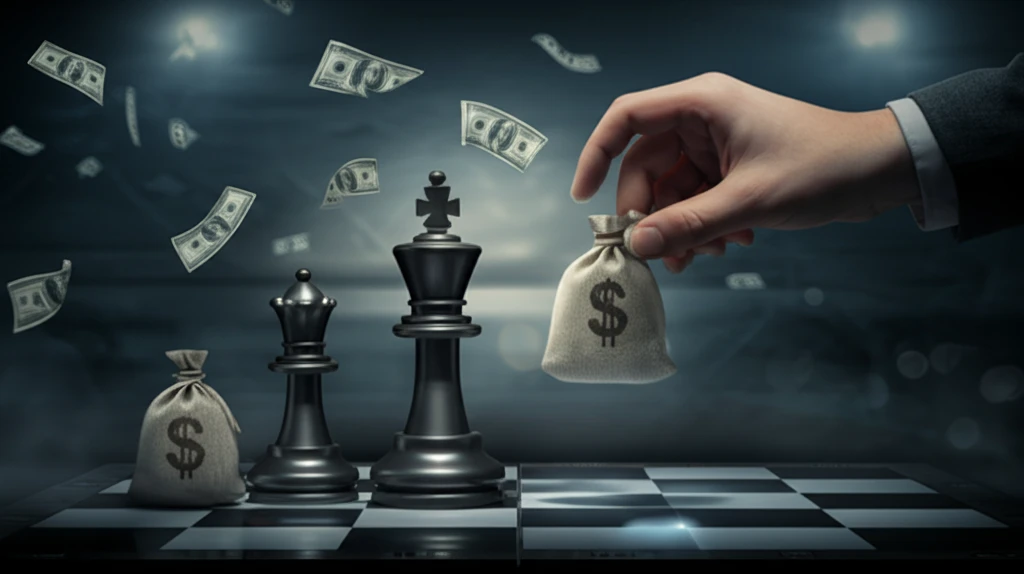 Surreal image of a chessboard with money bag pieces manipulated by an external hand, representing game mining.