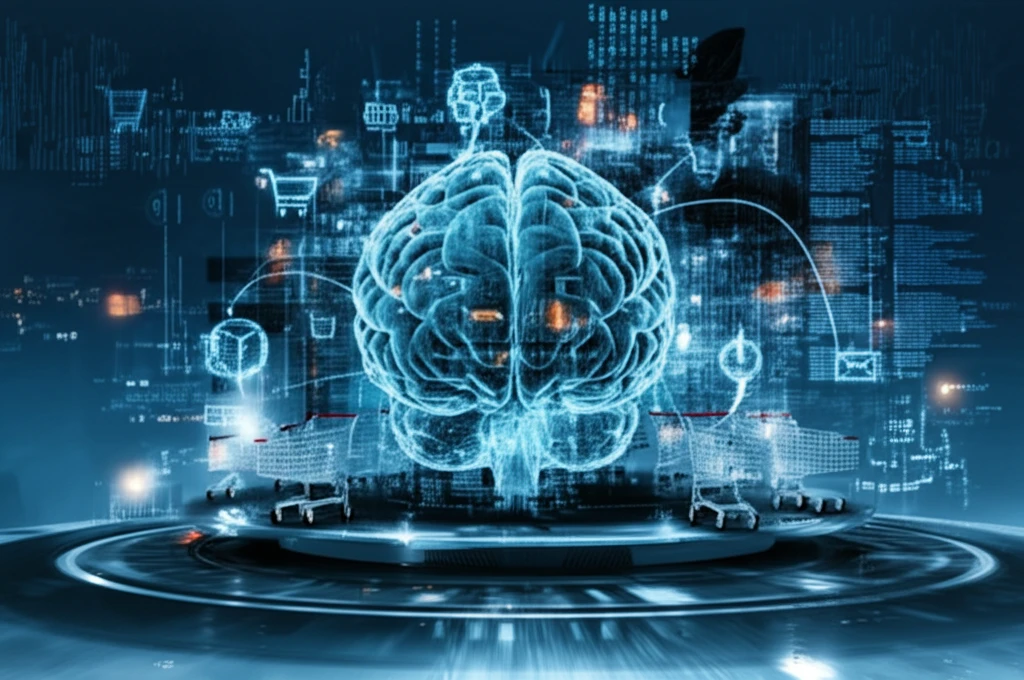Brain surrounded by shopping carts, products, and data streams, representing consumer behavior.