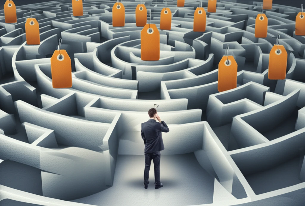 Surreal illustration of an ascending price tag labyrinth, representing the challenges of understanding and navigating inflation.