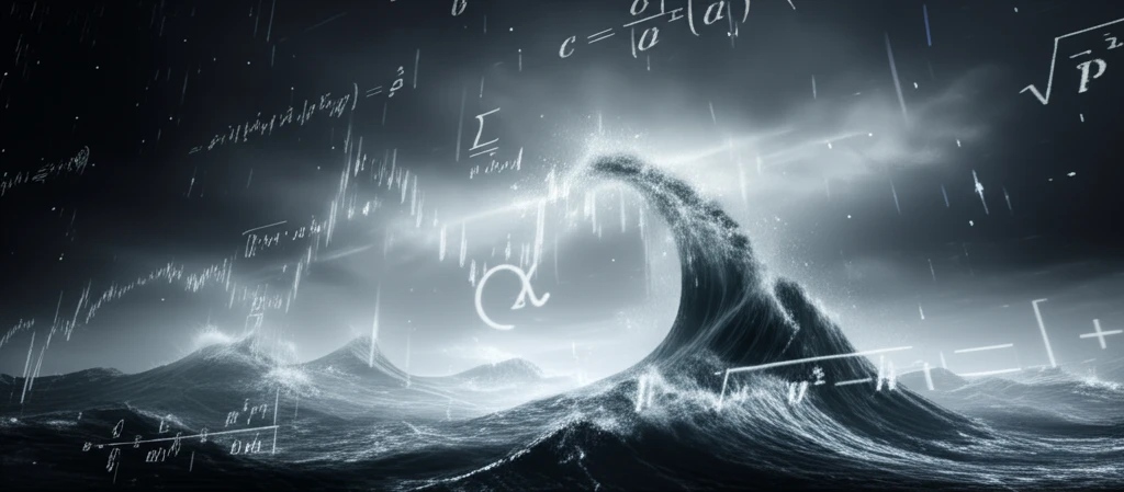 Stormy sea symbolizing market volatility with mathematical equations in the sky.