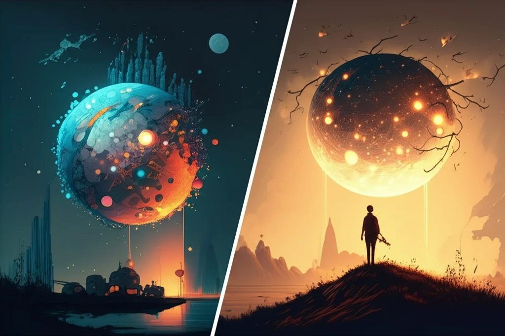 Surreal illustration contrasting interconnected and simplistic worldviews.