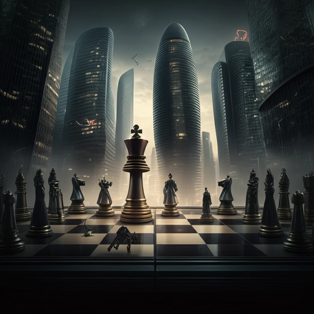 A chessboard featuring military figures facing off against skyscrapers, symbolizing the application of military strategy to business.