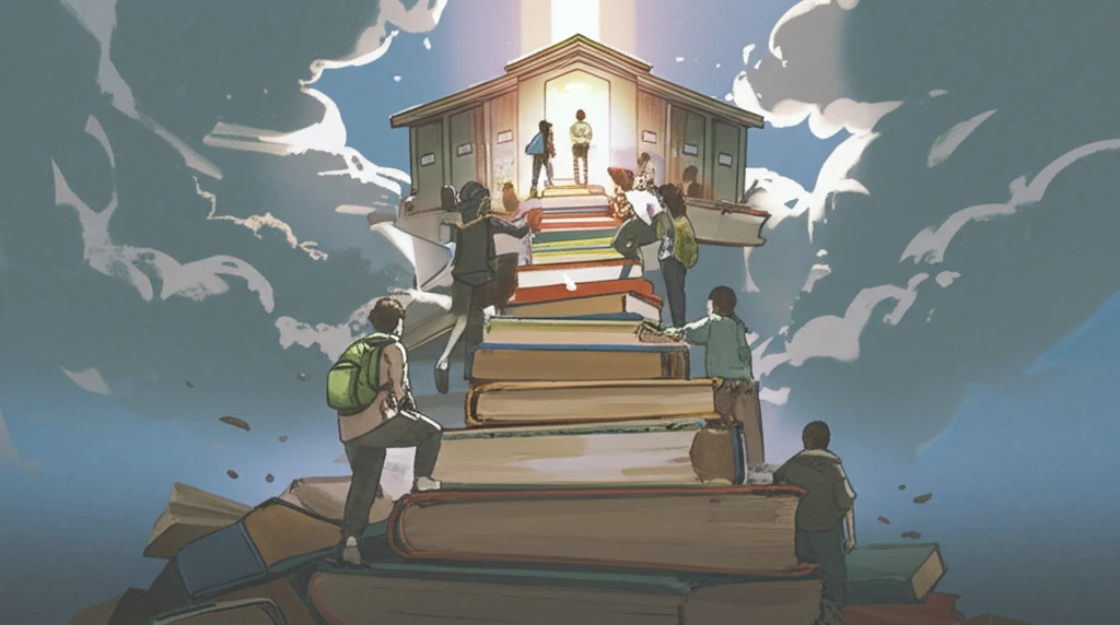 Diverse students ascending a staircase of books towards a school building, symbolizing educational opportunity.