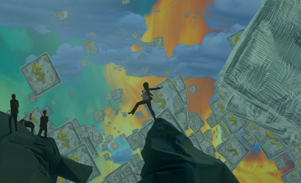 Person confidently stepping off financial cliff into risk-seeking landscape.