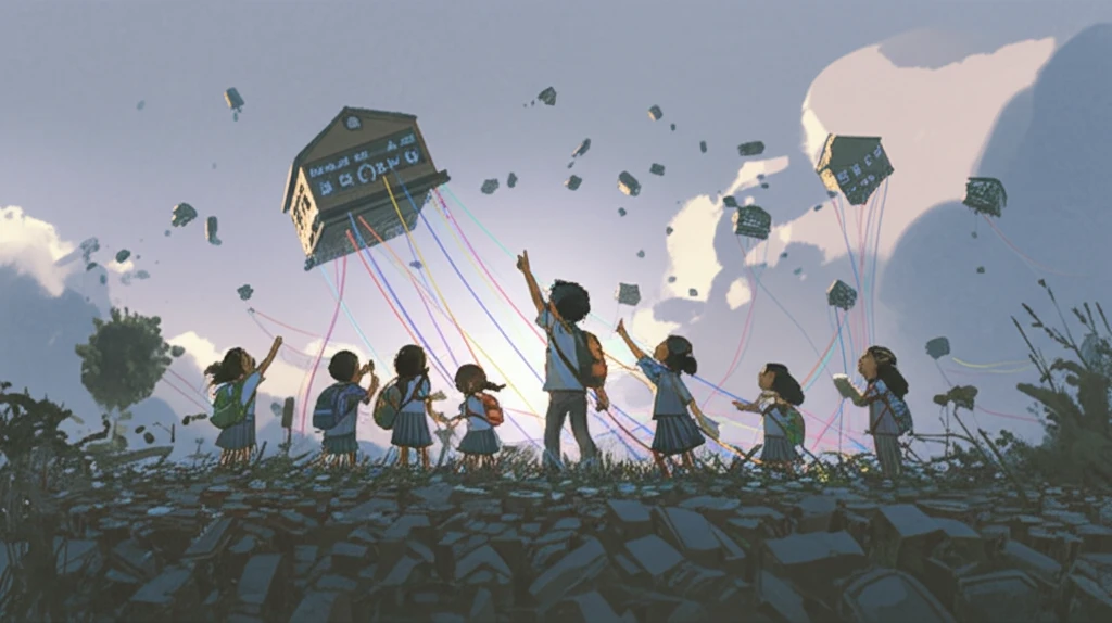 Diverse children reaching for schools in the sky, symbolizing fair education opportunities.