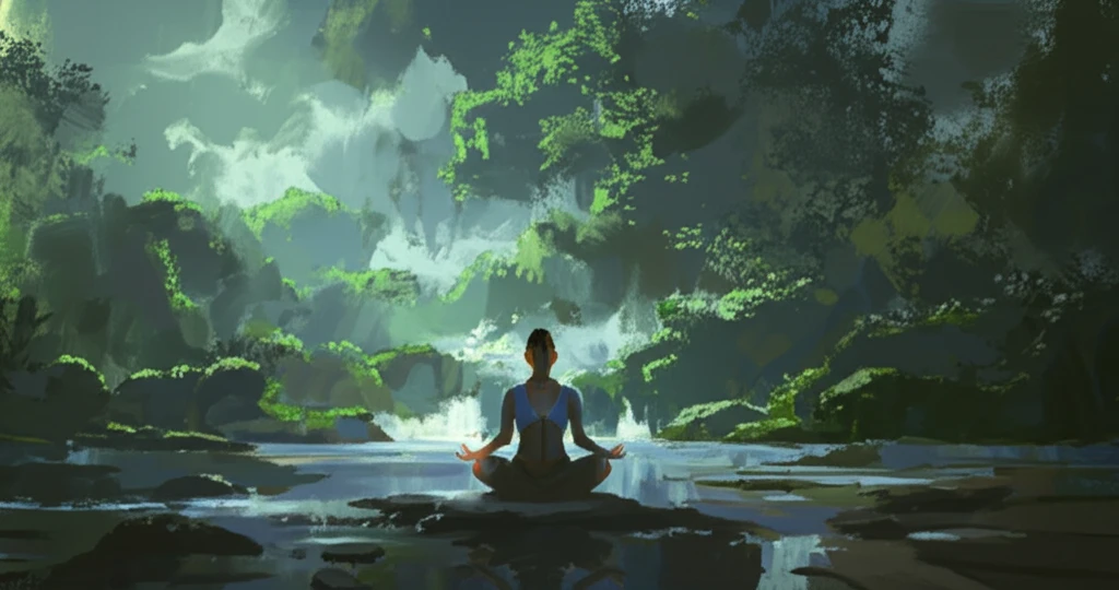 Meditating person surrounded by balanced technology