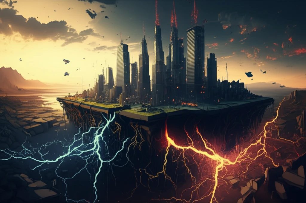 Dynamic cityscape formed by shifting tectonic plates, symbolizing evolving economic data.