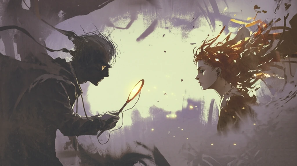 A surreal illustration of two figures engaged in a communication exchange, highlighting information control and manipulation.