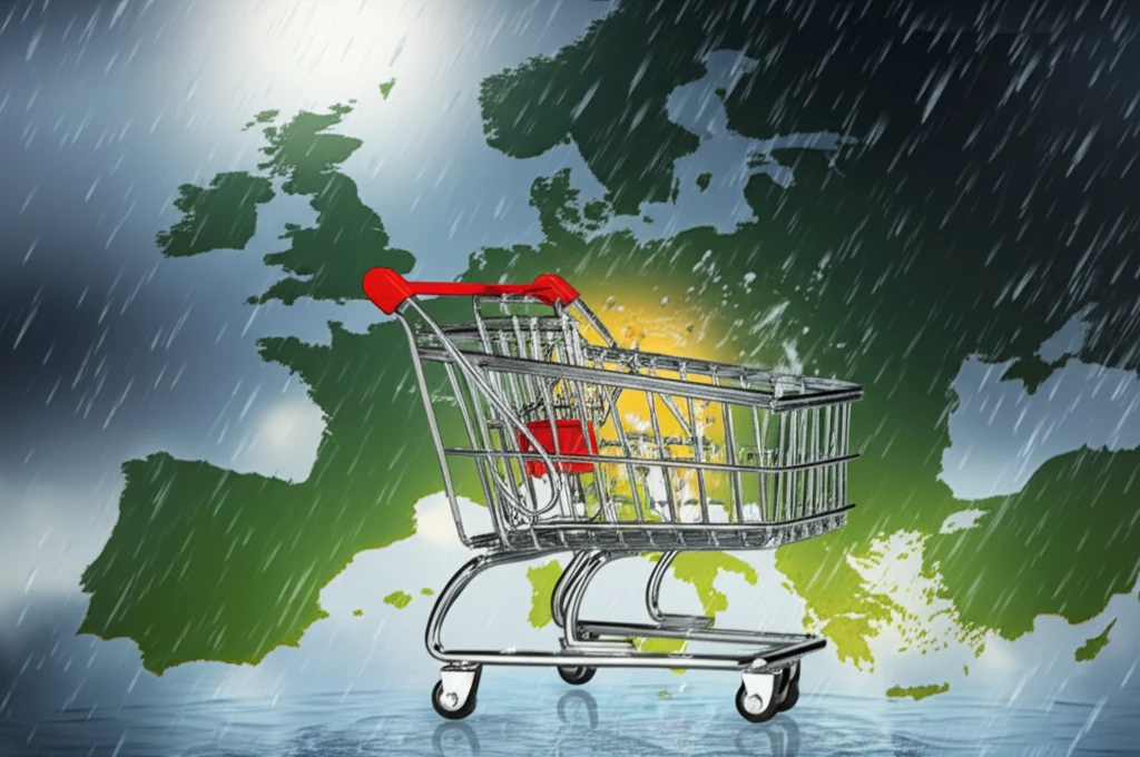 Shopping cart battered by weather, symbolizing climate change and consumer spending.