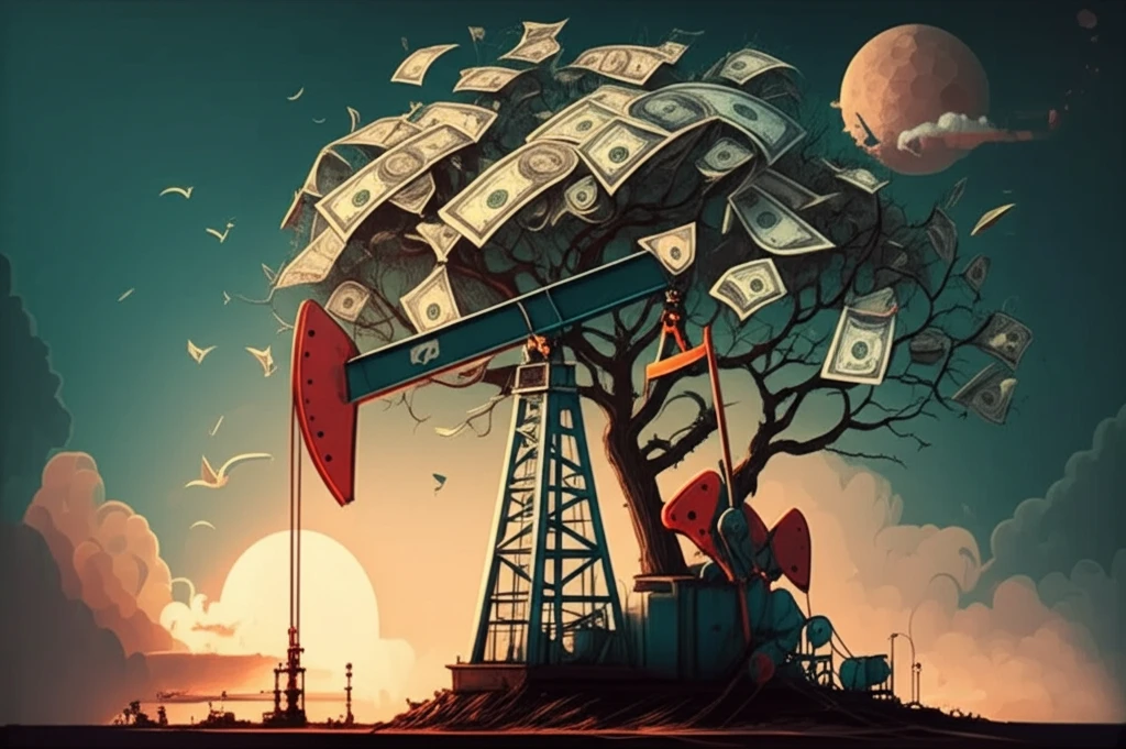 Oil derrick transforming into a money tree, symbolizing the complex relationship between oil and inequality.
