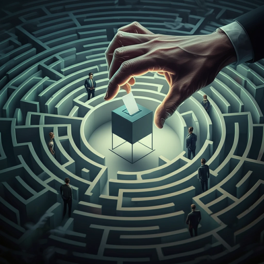 A surreal image depicting the complexities and hidden influences in voting systems.